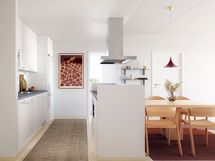 Visualisointikuvassa taiteilijan näkemys Siluetin asunnon 38 keittiöstä