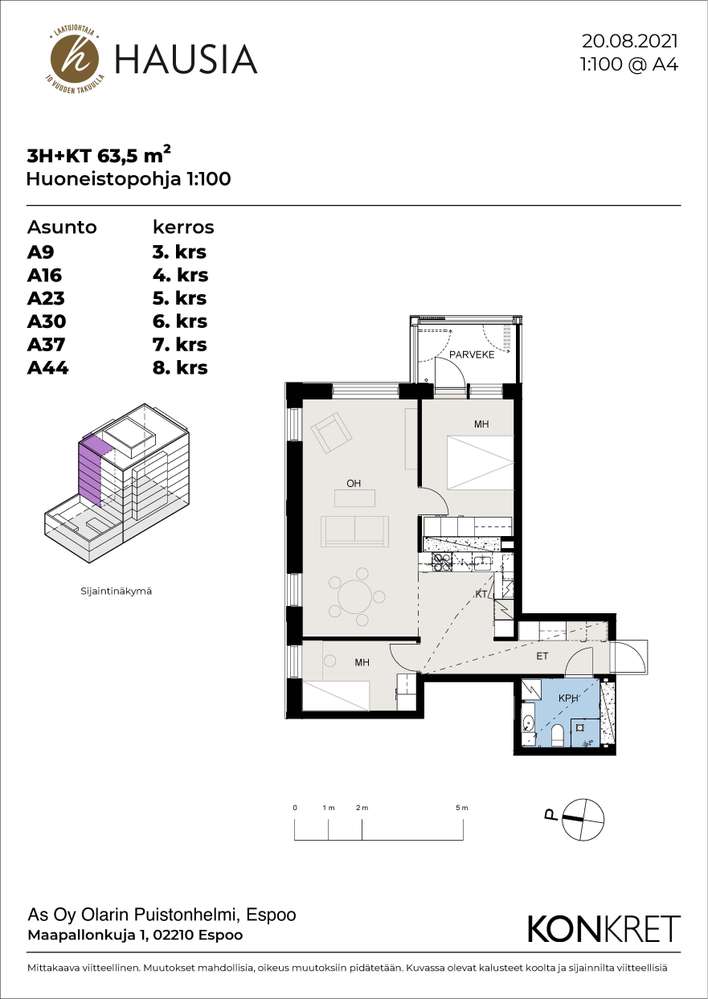 Kerrostalo, 3h+kt+lasitettu parveke, 63,5 m², Olari – pohled 3