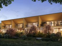 Tuulikello 3:n alustava visualisointi. Suunnitteilla on kaksi rivitaloa ja kaksikerroksinen pienkerrostalo Tuuliniityn leikkipaikan ja Hakalehdon puiston kupeeseen.