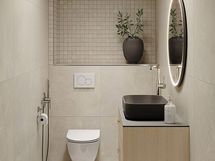 Visualisointikuva Kalkki-tyylillä sisustetusta erillis-wc:stä