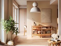 Visualisointi 33,5-neliöisestä yksiöstä (asunnot D3, D9, D16 1h+kt).