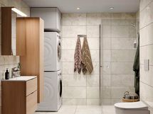 Lisähintainen kylpyhuonetyyli Kuura.  Visualisoinnissa lisäksi valittuna tammen sävyinen allaslaatikosto, peilikaappi ja pyykkikaappi sekä pesutorni. Kuvasta poiketen kylpyhuoneissa on 10x10 cm kokoinen lattialaatta.