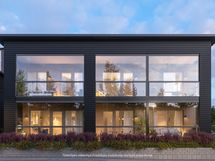 Taiteilijan näkemys Fredrikan rivitalosta etelästä katsottuna