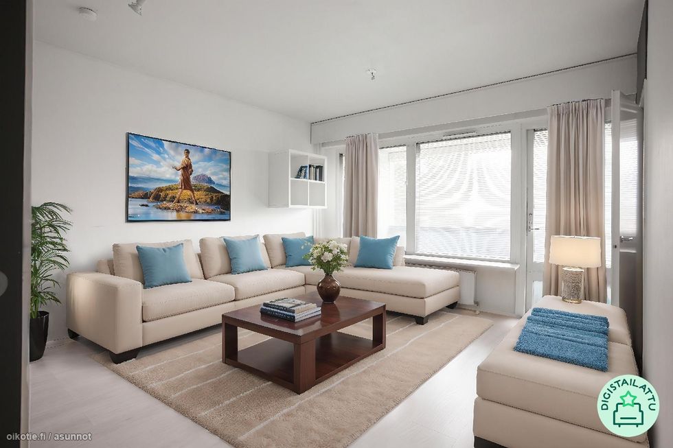 Valoisa Olohuone, käynti koko huoneiston levyiselle parvekkeelle