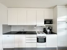 Keittiössä on hyvin säilytystilaa ja arkea kätevöittämään astianpesukone