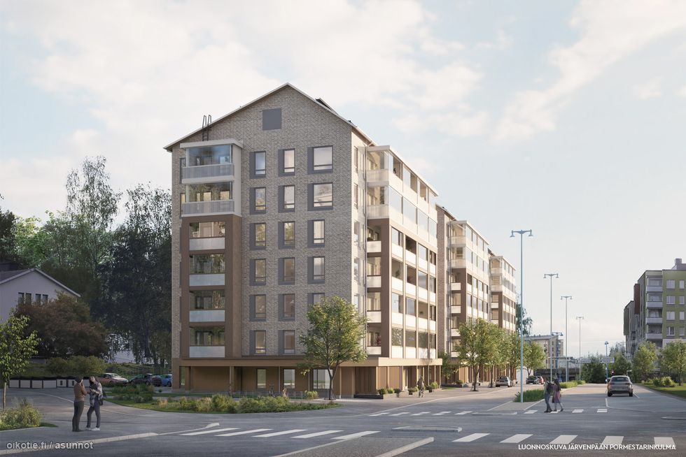 Luonnoskuva Järvenpään Pormestarinkulman julkisivusta Myllytien ja Valtuustonkadun kulmauksesta