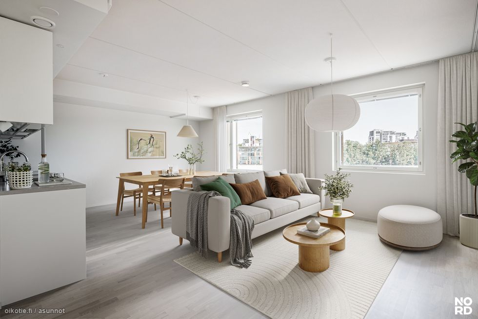 Digitaalisesti stailattu kuva 5. kerroksen vastaavasta olohuoneesta.