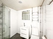 Kylpyhuoneessa mm. pyykinpesukoneliitäntä ja pyyhekuivain.