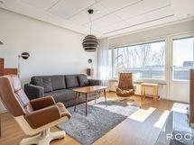Asunnon olohuoneessa on alas laskettu katto, akustiikkaelementit ja tunnelmavalaistus.