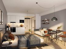 Alustava visualisointi 2. kerroksen vastaavasta 29,5-neliöisestä kodista (1h+kt)