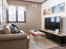 TV-huone, josta on myös käynti terassille.