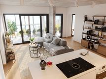 Visualisointikuvassa taiteilijan näkemys 83,5m2 kodin olohuoneesta.