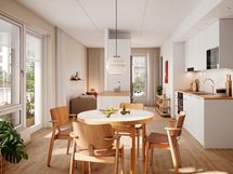 Visualisointi ensimmäisen kerroksen vastaavasta kodista (2h+kt, 45 m²)