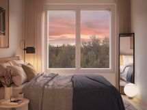 Visualisointikuvassa taiteilijan näkemys 6. kerroksen 93,0 m2 asunnon C129 terassista.