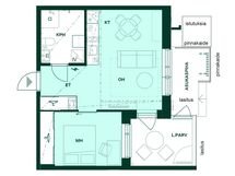 2h+kt, 41,5 m². Kaksio, jossa lasitettu parveke ja oma pieni piha.