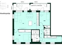 Vaihtoehtoisessa pohjaratkaisussa kaksi pienempää makuuhuonetta voidaan yhdistää yhdeksi suureksi päämakuuhuoneeksi.