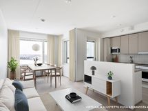 Virtuaalikalustettu ruokailutila- olohuone. Kuva asunnosta A58, jossa vastaava pohjaratkaisu, materiaalit voivat poiketa.