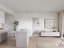 Keittiön väri mahdollisuus vaihtaa. Valokuva asunnosta F29 vaaleammalla keittiökaappisävyllä.