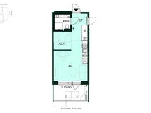 Yksiö, jossa alkovillinen asuinhuone, avokeittiö, kylpyhuone ja lasitettu parveke.