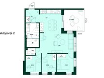 3–4h+kt+s, 71,0 m². Vaihtoehtopohjassa saatavilla kolme makuuhuonetta ja keittiö ilman saareketta.