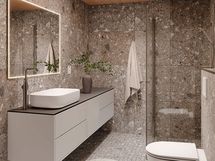 Visualisointikuva asukasmuutoksena toteutettavasta Kuviollinen tuhka -tyylillä sisustetusta kylpyhuoneesta.