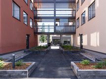 A ja B talon väli sisäpihalta päin