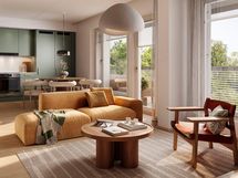 Visualisointi 82-neliöisestä ylimmän kerroksen perheasunnosta (E58, 4h+kt).