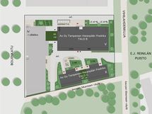 Asemapiirros. Rivitalo tontin etelärajalla ja kerrostalo pohjoisrajalla.