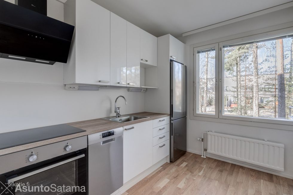 Koko asunto on vastikään kunnostettu saniteettitiloja lukuunottamatta.