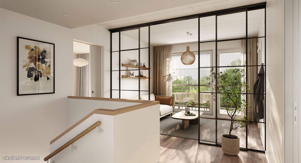 Visualisointikuva rivitalokodista B 09 ( 5h+kt+s).  Lisähintainen lasinen jakoseinä valittavissa kaikkiin asuntotyyppeihin.