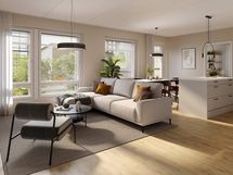 Alustava visualisointi 4. kerroksen vastaavasta 74-neliöisestä kodista (3h+kt+s)