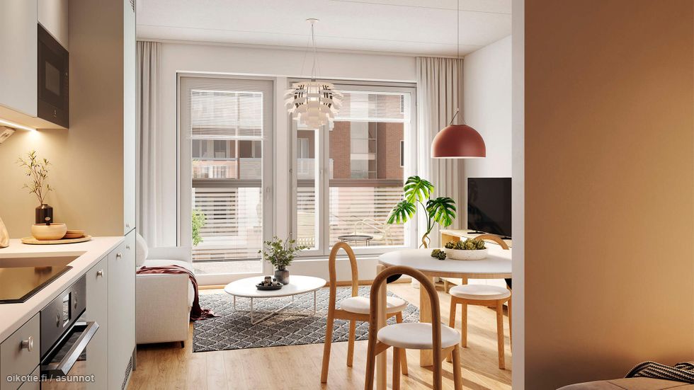 Asunto (1H+KT, 30,5 m²) on mahdollista yhdistää viereisen asunnon (1H+KT, 32 m²) kanssa. Visualisointi asunnosta D12.