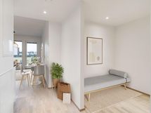 Virtuaalisesti kalustettu valokuva 6. kerroksen vastaavasta asunnosta.