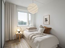 Makuuhuone 2. Digitaalisesti stailattu kuva 5. kerroksen vastaavasta makuuhuoneesta.