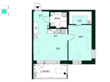 Kaksio, jossa makuuhuone, vaatehuone, avokeittiö-olohuone, kylpyhuone ja lasitettu parveke.