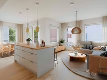 Visualisointi 3. kerroksen vastaavasta kodista (3h+kt+s, 77,5 m²).