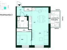 Vaihtoehtoisessa pohjaratkaisussa keittiön saareke on poistettu ja jääkaappipakastin on tuotu keittotilan seinustalle.