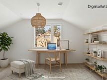 Yläkerran iso makuuhuone stailattuna työhuoneeksi. Inspiroiva näkymä ikkunasta puutaloidylliin.