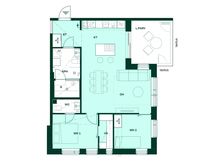 3–4h+kt+s, 71,0 m². Kolmio, jossa sauna ja lasitettu parveke.