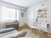 Havainnekuva lastenhuoneesta kalustettuna pintojen uusimisen jälkeen.