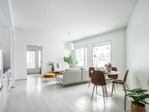 Avara olohuoneen ja avokeittiön yhdistelmä isoin ikkunoin.