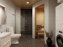 Visualisointikuvassa taiteilijan näkemys 51.5 m2 kodin tilavasta, saunallisesta kylpyhuoneesta.