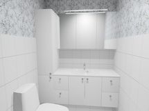 Havainnekuva erillisestä wc:stä remontin jälkeen. Materiaalit ja värit muutettavissa.