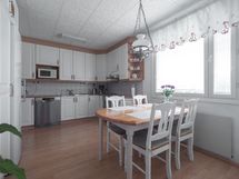 Vaaleassa keittiössä hyvin säilytystilaa