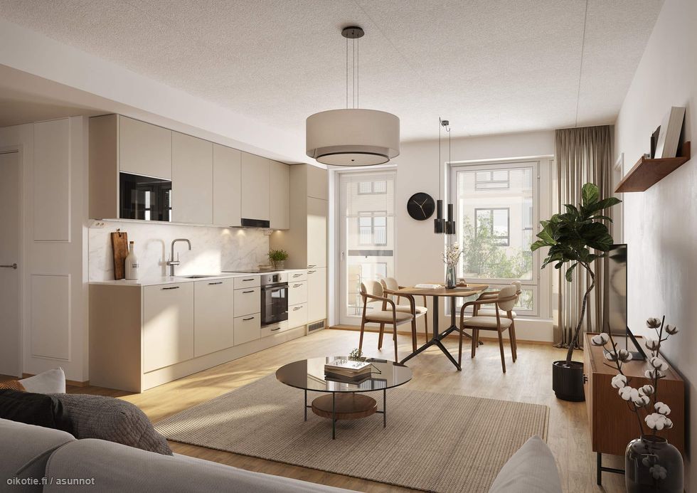 Alustava visualisointi 2. kerroksen vastaavasta 48-neliöisestä kodista (2h+kt+s)