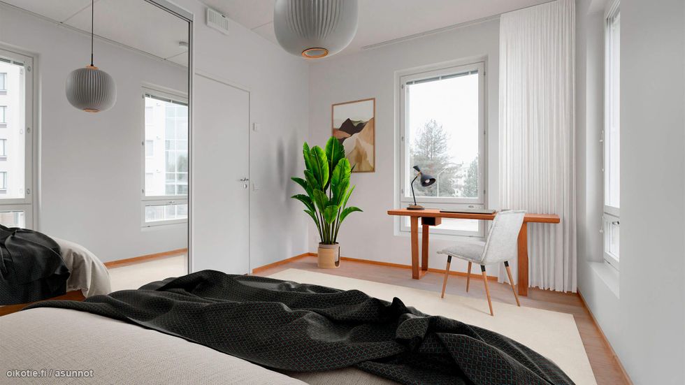 Digistailattu asunto A 04 - Makuuhuone, jossa tilaa myös työpisteelle. Peililiukuovien taakse kätkeytyy runsaasti säilytystilaa.