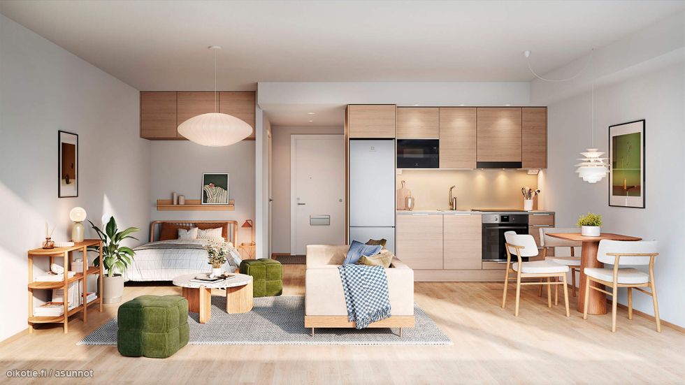 Visualisointi 31-neliöisestä kaksiosta (asunnot E40, E47 ja E54, 1h+kt), jonne on mahdollista toteuttaa lisätyönä yläkaapit alkoviin.