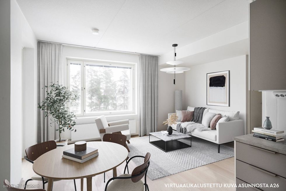 Asunto A26 virtuaalikalustettu oleskelutila ja ruokailu