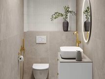 Visualisointikuva Tuhka -tyylillä sisustetusta erillis-wc:stä