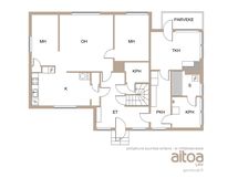 1. kerroksen pohja. Kellarista ja 2. kerroksesta ei ole pohjakuvaa saatavilla.